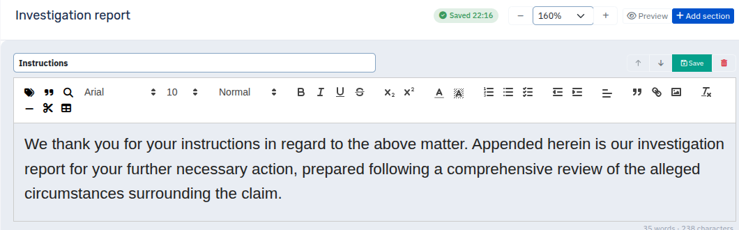 Pivot report editor showing the quiet autosave indicator confirming a saved narrative section