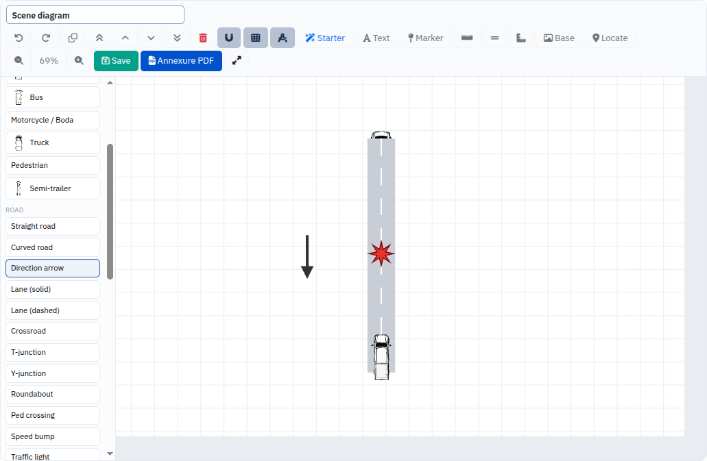 Pivot scene sketch editor showing a reconstructed accident scene with vehicle and road symbols